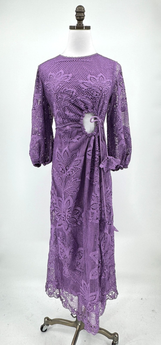 Farm Rio Lilac Purple Guipure Floral Lace Cut Out 3/4 Sleeve Midi Dress Sz S